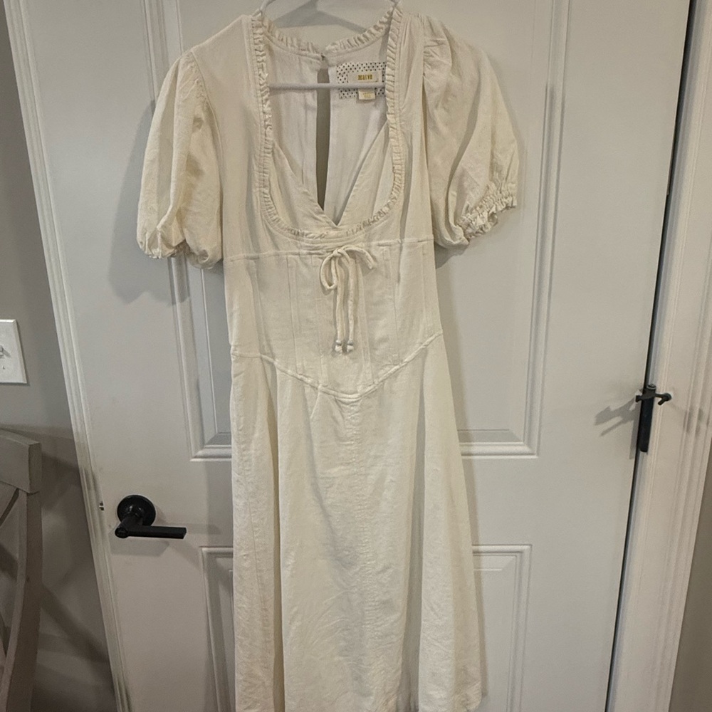 Anthropologie Cream Midi Dress with Puff Sleeves